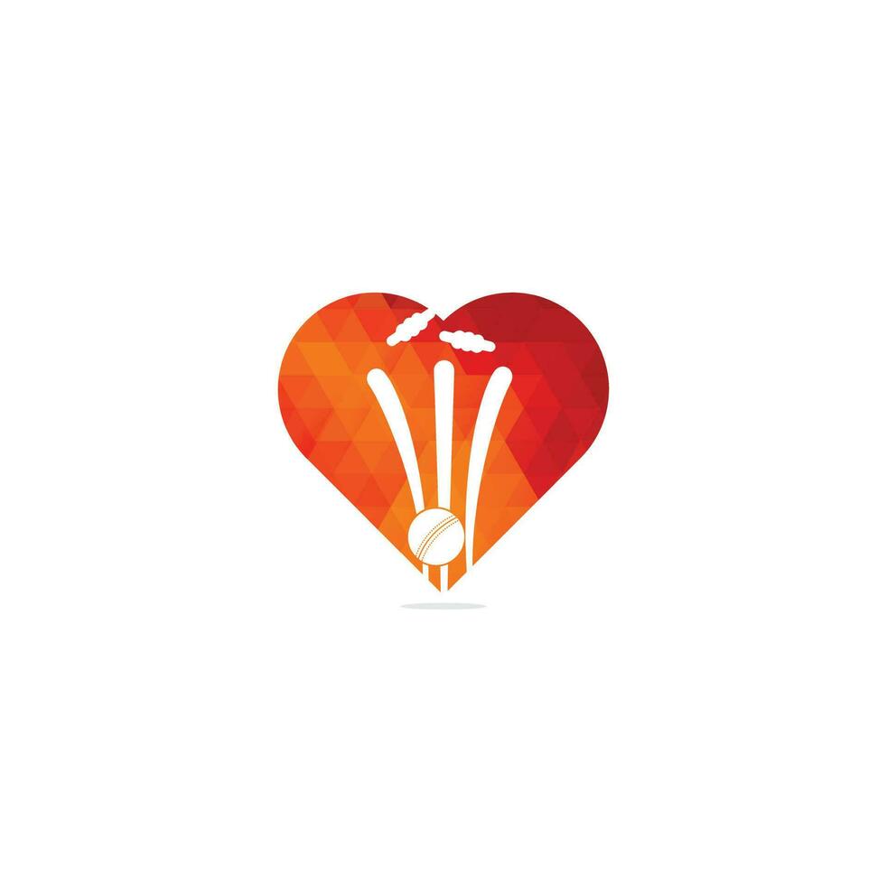 wickets de cricket y logotipo de concepto de forma de corazón de bola. logotipo de wicket y fianzas, signo de equipo. logotipo del campeonato de críquet. Ilustración de vector de emblema de deporte moderno. logotipo de grillo