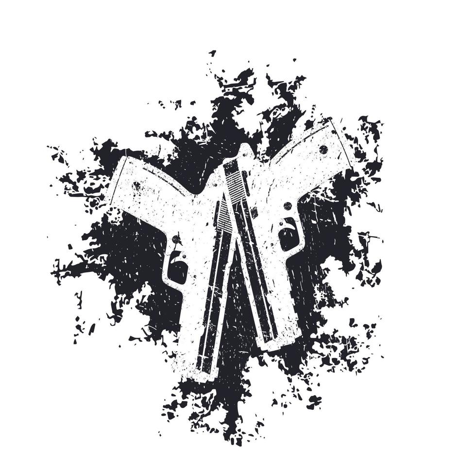 2 pistols on grunge splash, two crossed guns, t-shirt print on white, vector illustration