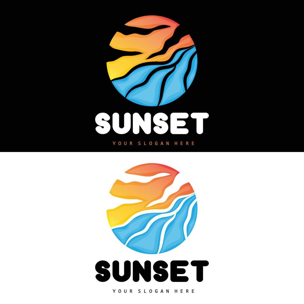 logotipo de puesta de sol, diseño de playa, ilustración de río y sol, vector disfrutando del crepúsculo