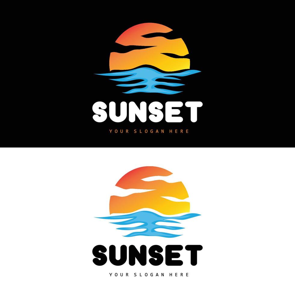 logotipo de puesta de sol, diseño de playa, ilustración de río y sol, vector disfrutando del crepúsculo