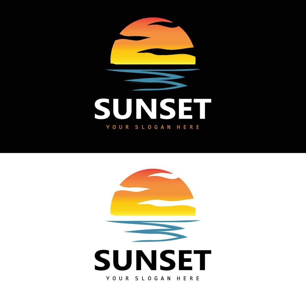 logotipo de puesta de sol, diseño de playa, ilustración de río y sol, vector disfrutando del crepúsculo