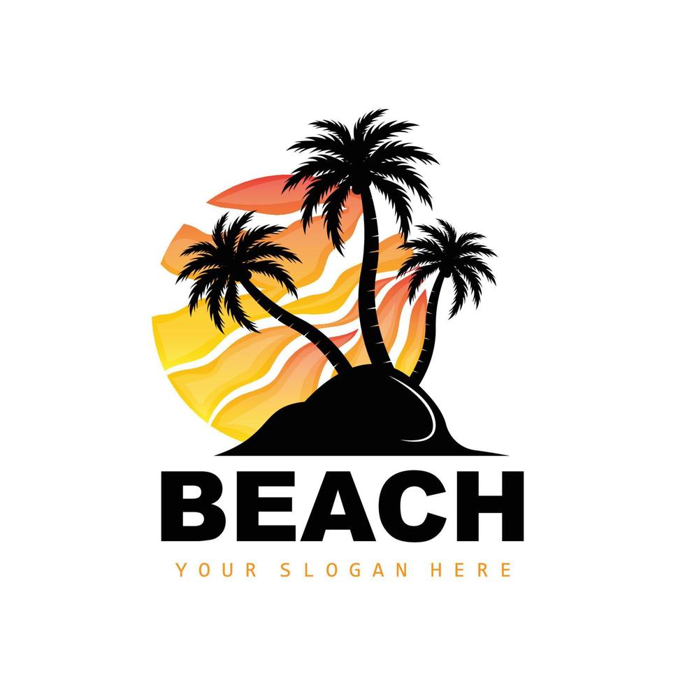 Coconut Tree Logo With Beach Atmosphere, Beach Plant Vector, Sunset View Design vector