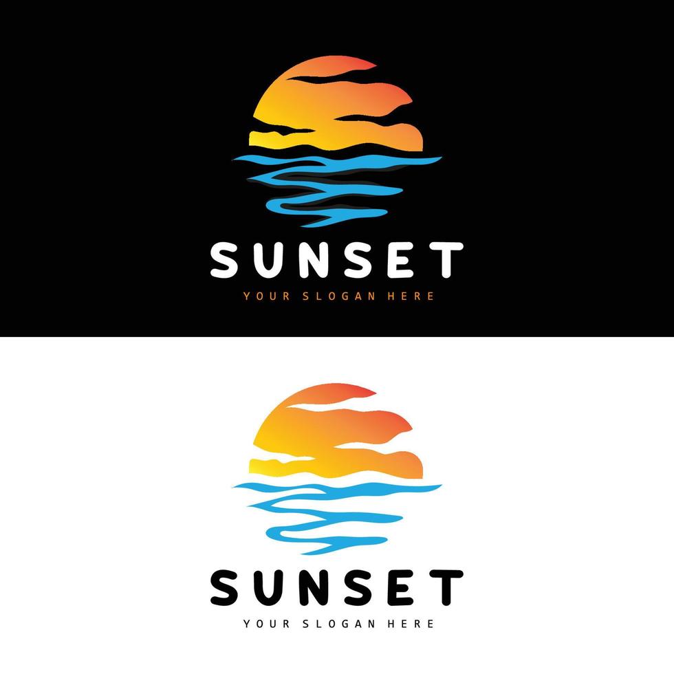 logotipo de puesta de sol, diseño de playa, ilustración de río y sol, vector disfrutando del crepúsculo