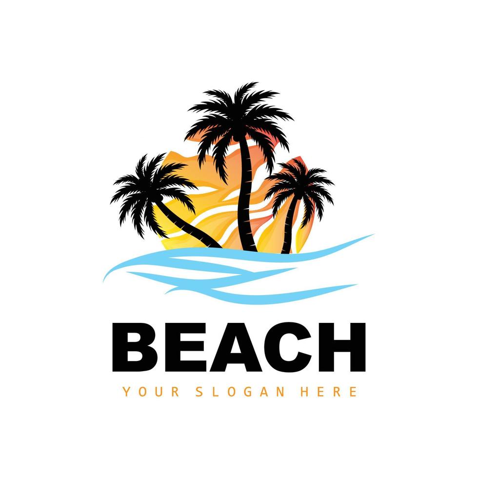 Coconut Tree Logo With Beach Atmosphere, Beach Plant Vector, Sunset View Design vector