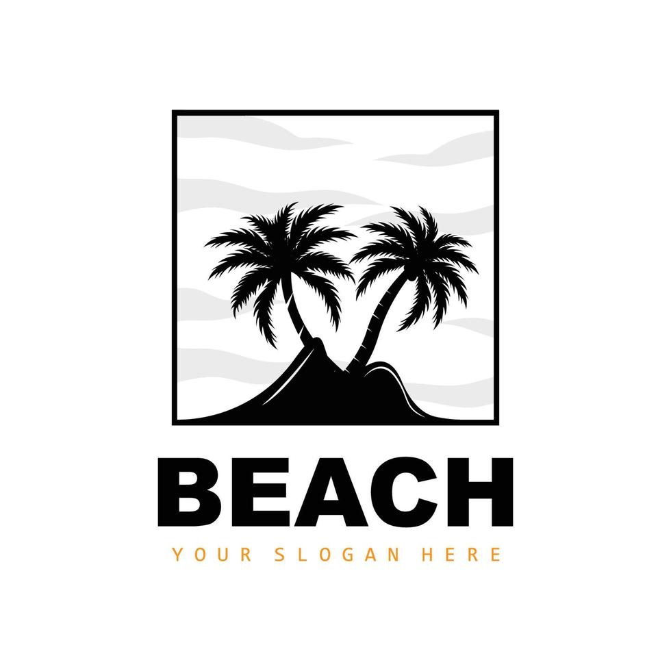 Coconut Tree Logo With Beach Atmosphere, Beach Plant Vector, Sunset View Design vector