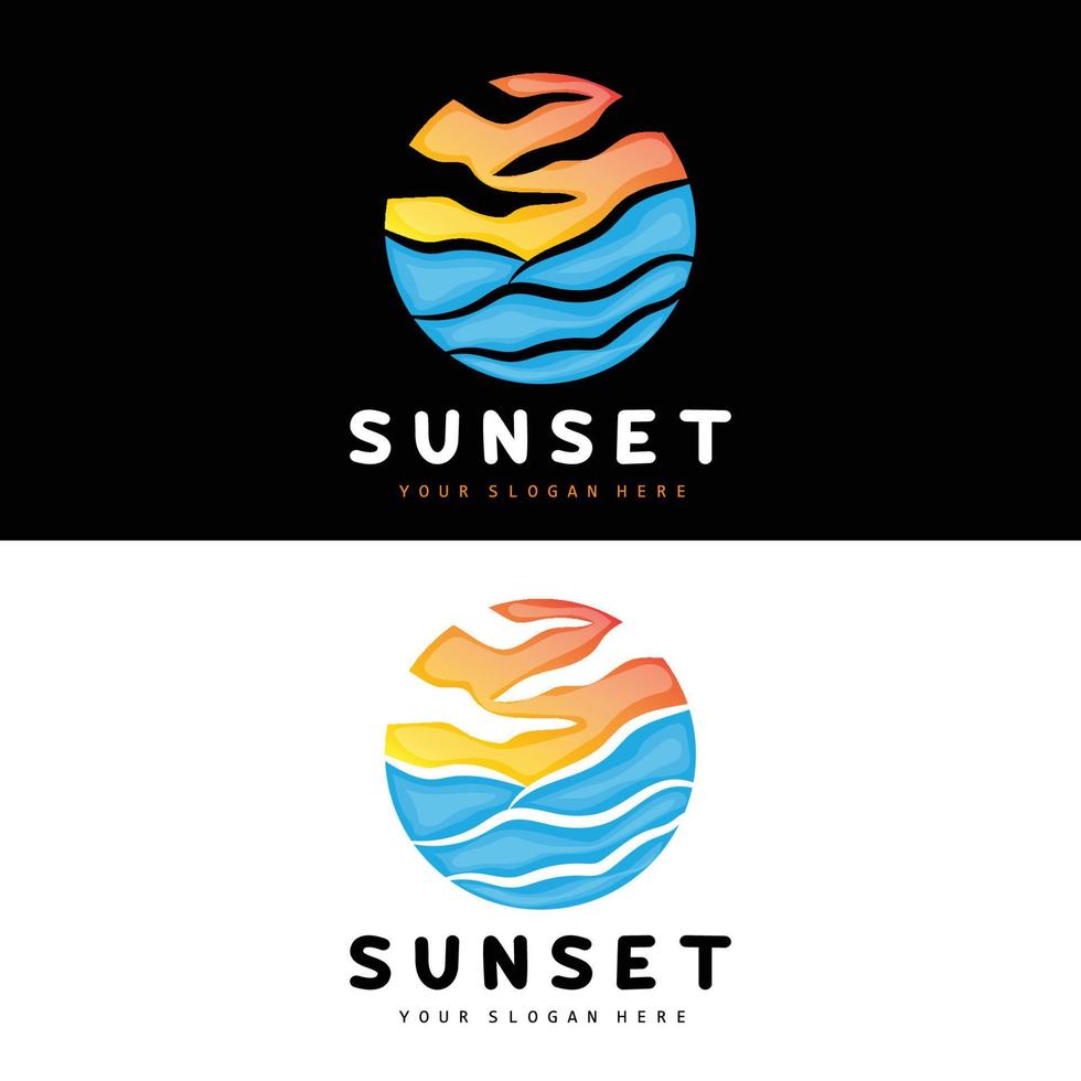 logotipo de puesta de sol, diseño de playa, ilustración de río y sol, vector disfrutando del crepúsculo