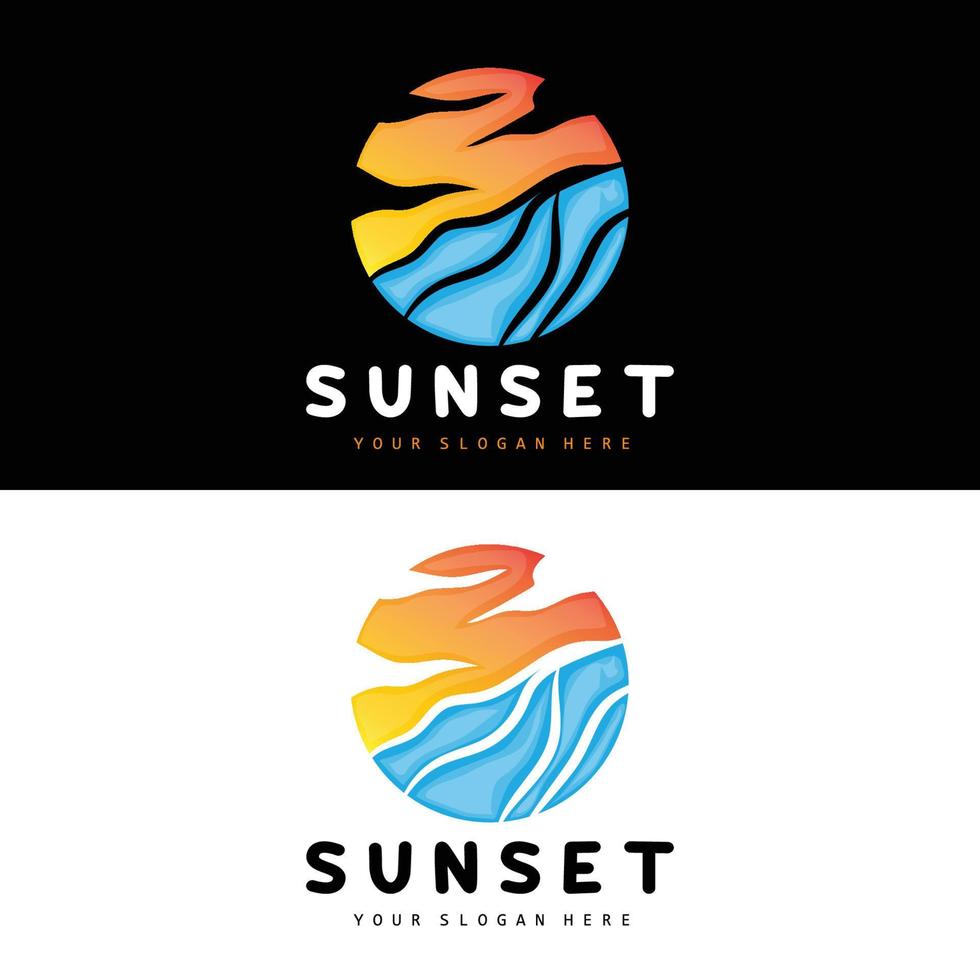 logotipo de puesta de sol, diseño de playa, ilustración de río y sol, vector disfrutando del crepúsculo