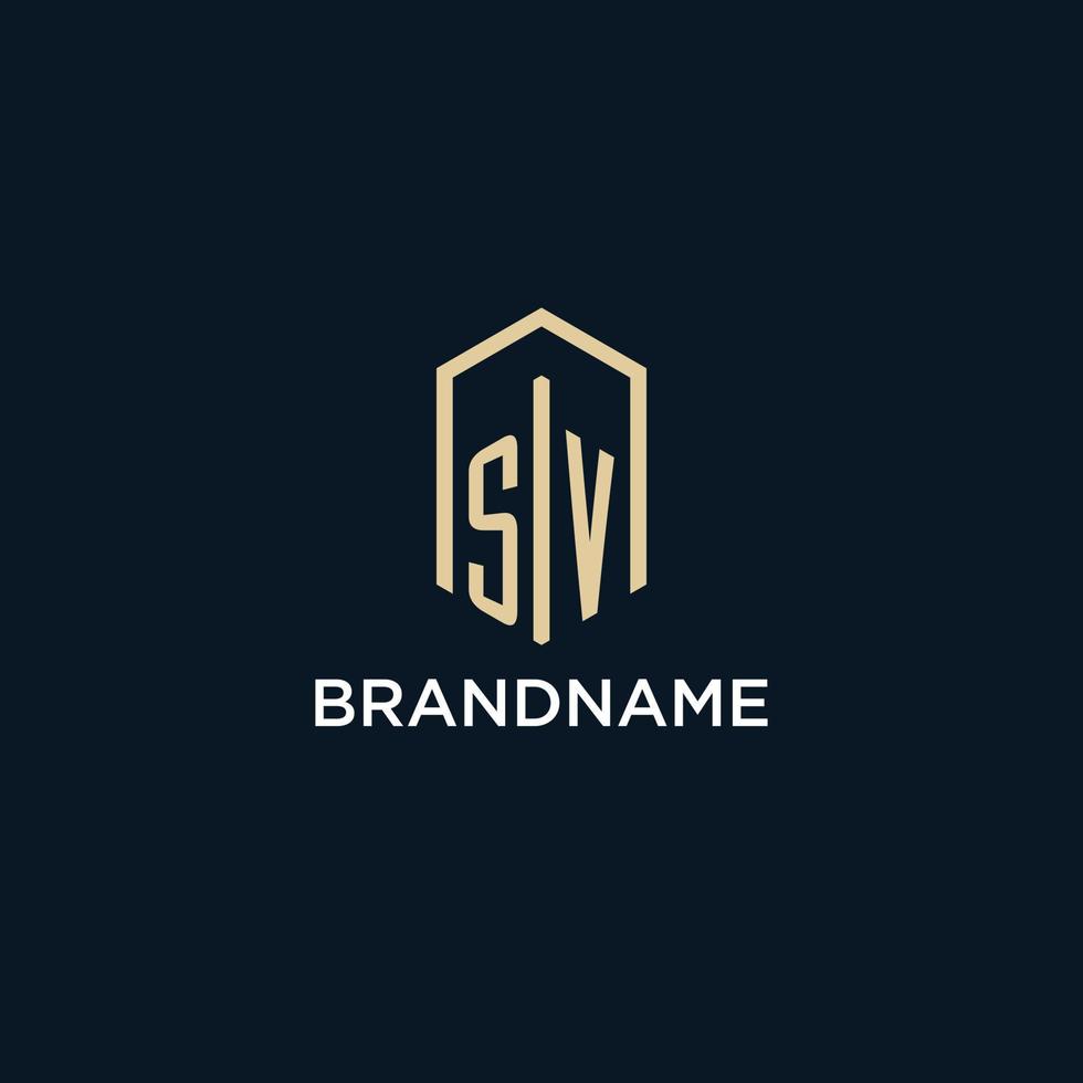 SV initial monogram logo with hexagonal shape style, real estate logo design ideas inspiration vector