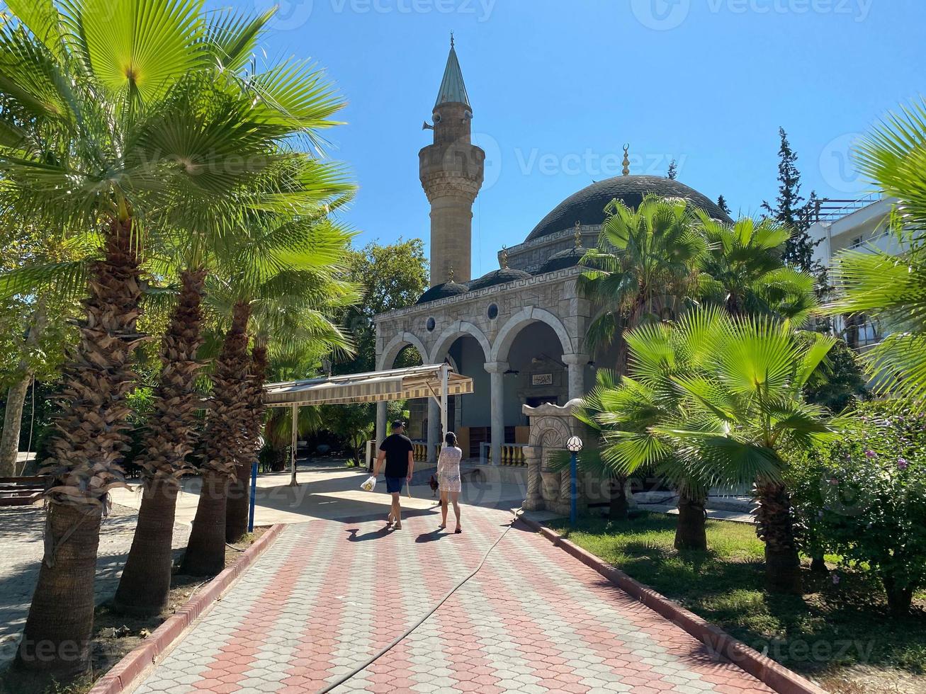 View of a beautiful ancient mosque in the Arabian style, a temple for prayers of Muslims in a tropical warm country with palm trees photo
