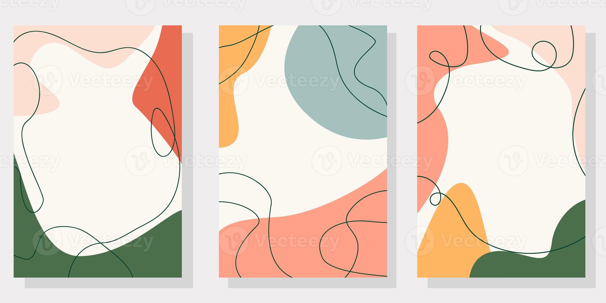 set of abstract backgrounds with organic shapes and hand draw line in pastel colors. Modern design template with space for text. Minimal stylish cover for branding design. Vector illustration, eps10 photo