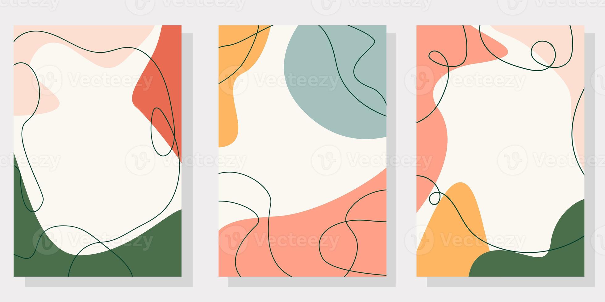 conjunto de fondos abstractos con formas orgánicas y línea de dibujo a mano en colores pastel. plantilla de diseño moderno con espacio para texto. cubierta minimalista y elegante para el diseño de marca. ilustración vectorial, eps10 foto