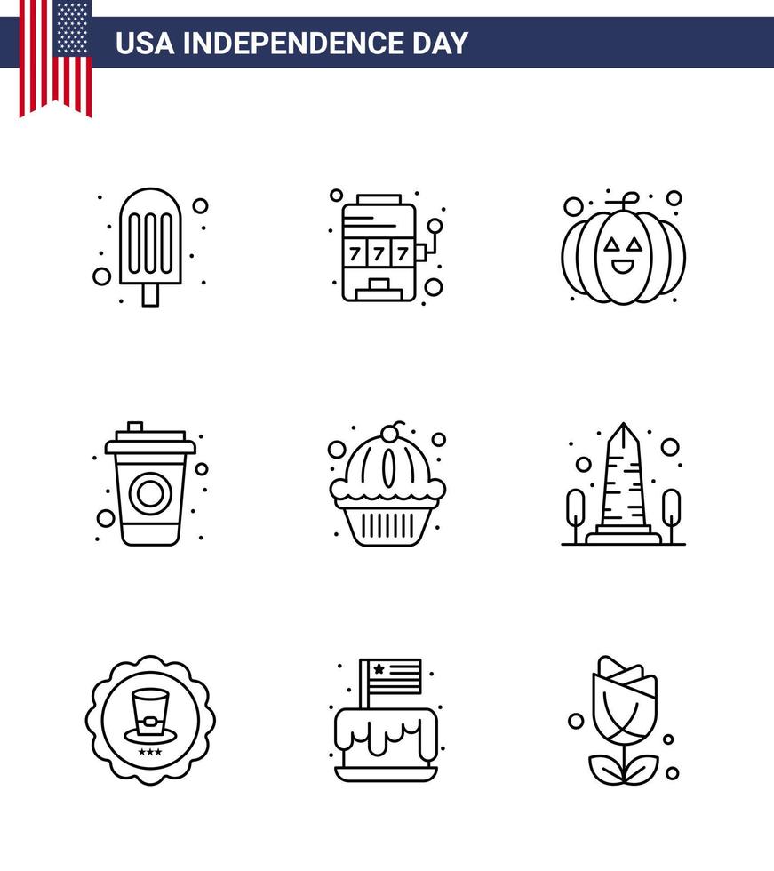 9 Line Signs for USA Independence Day landmark states pumpkin muffin drink Editable USA Day Vector Design Elements