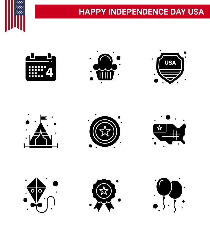 9 USA Solid Glyph Signs Independence Day Celebration Symbols of sign police security tent camp Editable USA Day Vector Design Elements