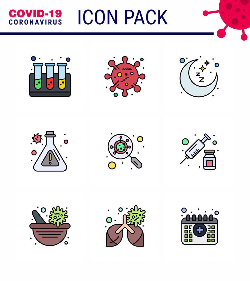 Coronavirus Precaution Tips icon for healthcare guidelines presentation 9 Filled Line Flat Color icon pack such as magnifying glass night devirus lab viral coronavirus 2019nov disease Vector Desi