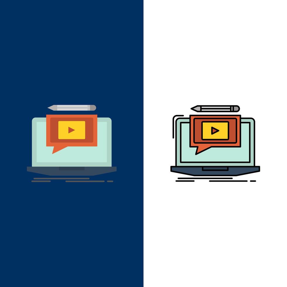 Laptop Player Screen Tutorial Video  Icons Flat and Line Filled Icon Set Vector Blue Background