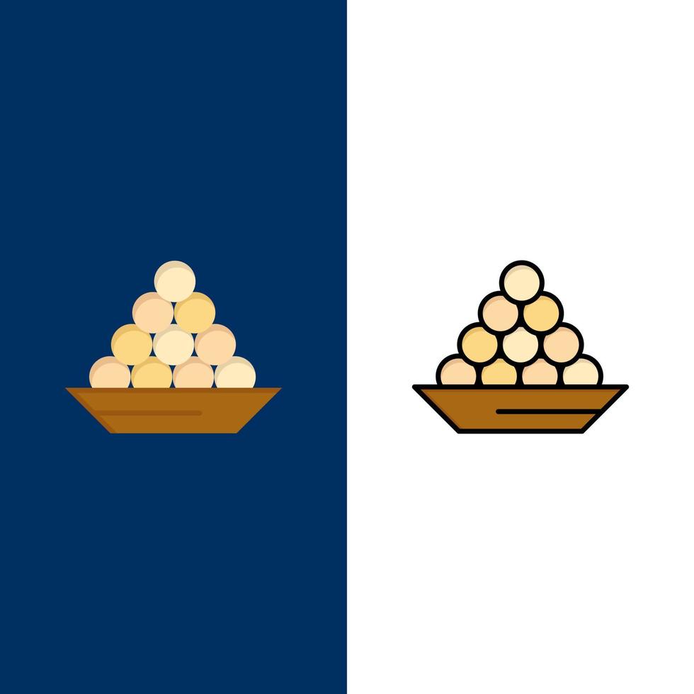 tazón delicadeza postre indio laddu dulces iconos planos y llenos de línea conjunto de iconos vector fondo azul