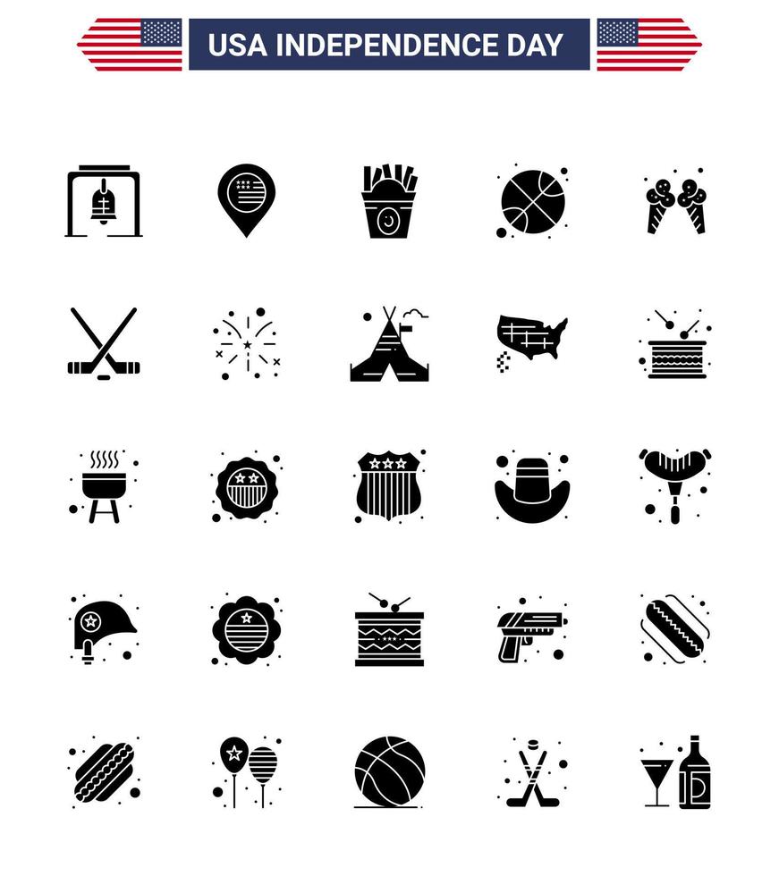 25 signos de glifo sólido de estados unidos celebración del día de la independencia símbolos del día del hielo frise deportes baloncesto elementos de diseño vectorial editables del día de estados unidos vector