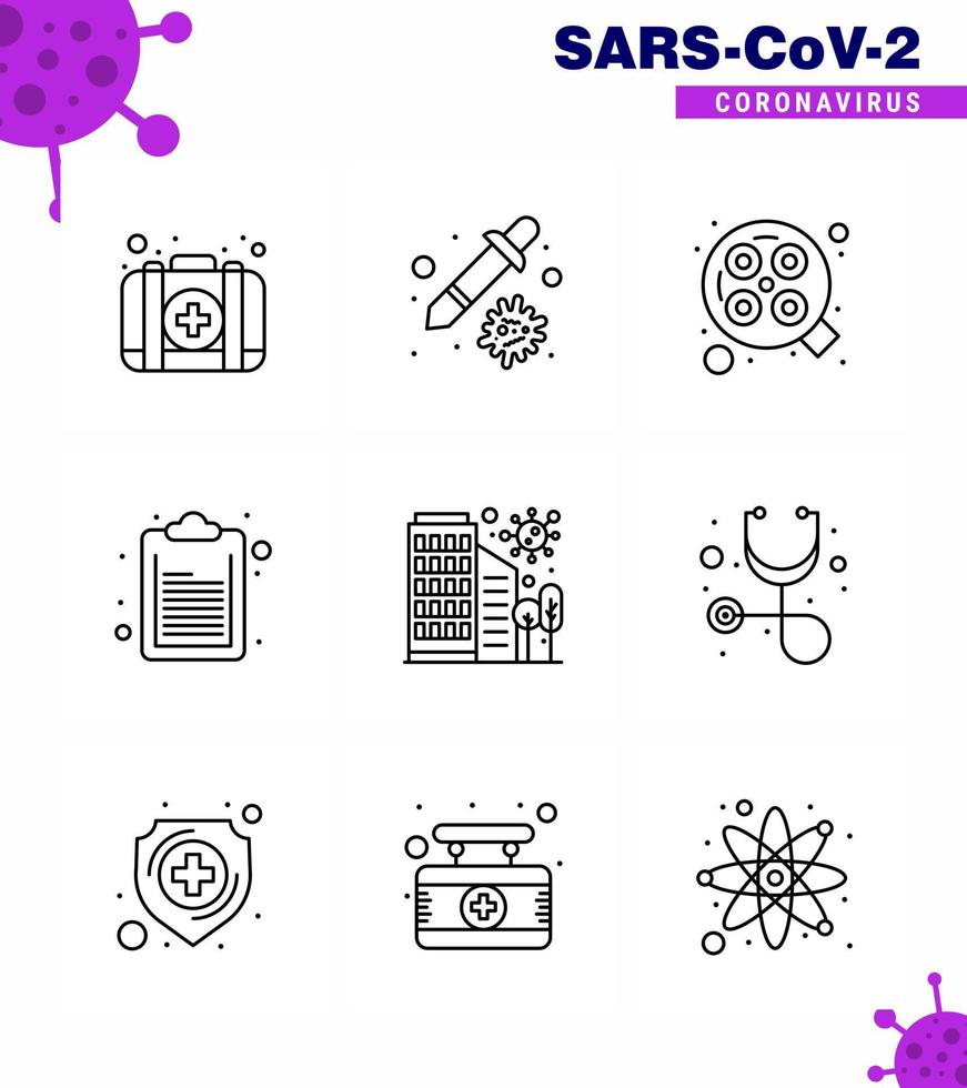 Coronavirus awareness icons 9 Line icon Corona Virus Flu Related such as disease building light list check list viral coronavirus 2019nov disease Vector Design Elements