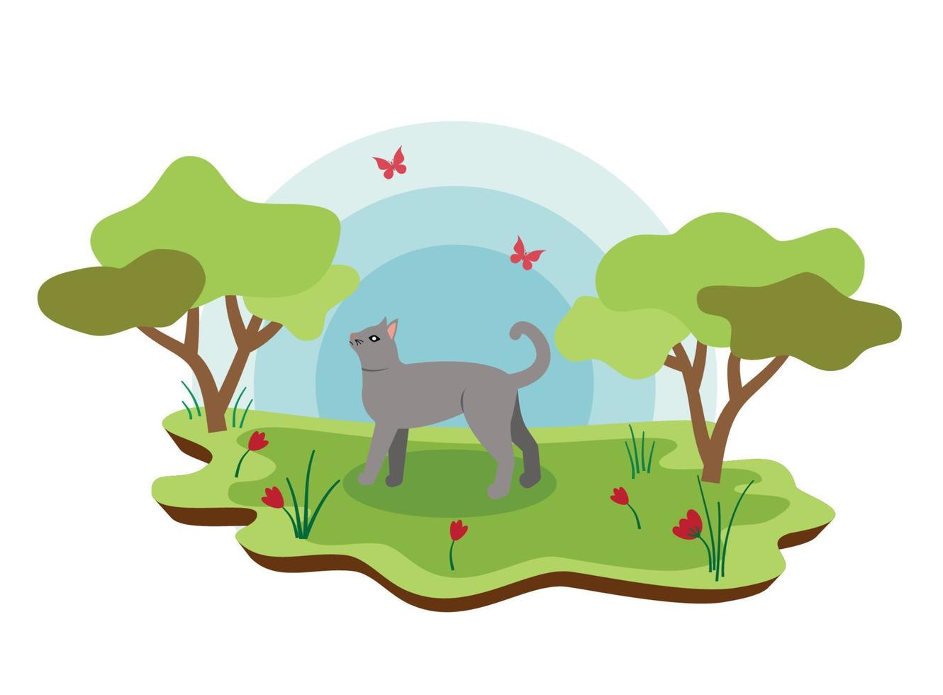 Cute farm animals cat with spring landscape. vector cartoon illustration