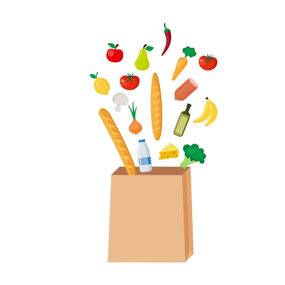 Food products in a paper bag. Flat vector illustration