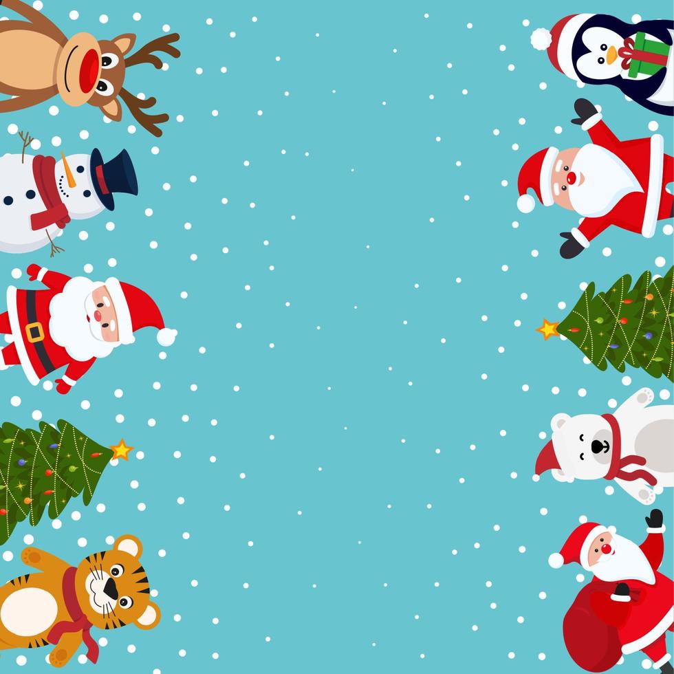 vector de fondo festivo de navidad. bonita postal. muñeco de nieve, santa claus, árbol, venado, oso, tigre eps 10