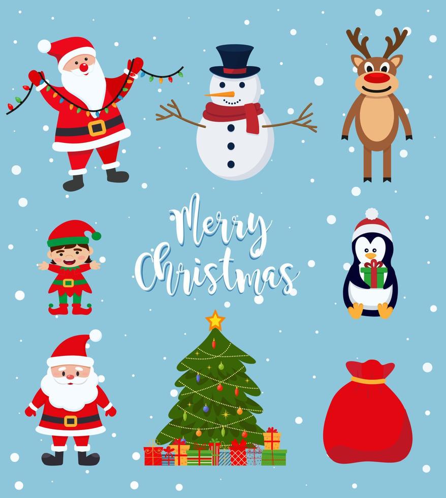conjunto navideño de santa claus, muñeco de nieve, ciervos y pingüinos, diseño de ilustraciones vectoriales vector