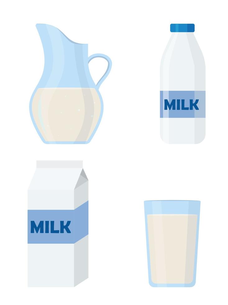 set of milk glass, box, jug, bottle flat style vector