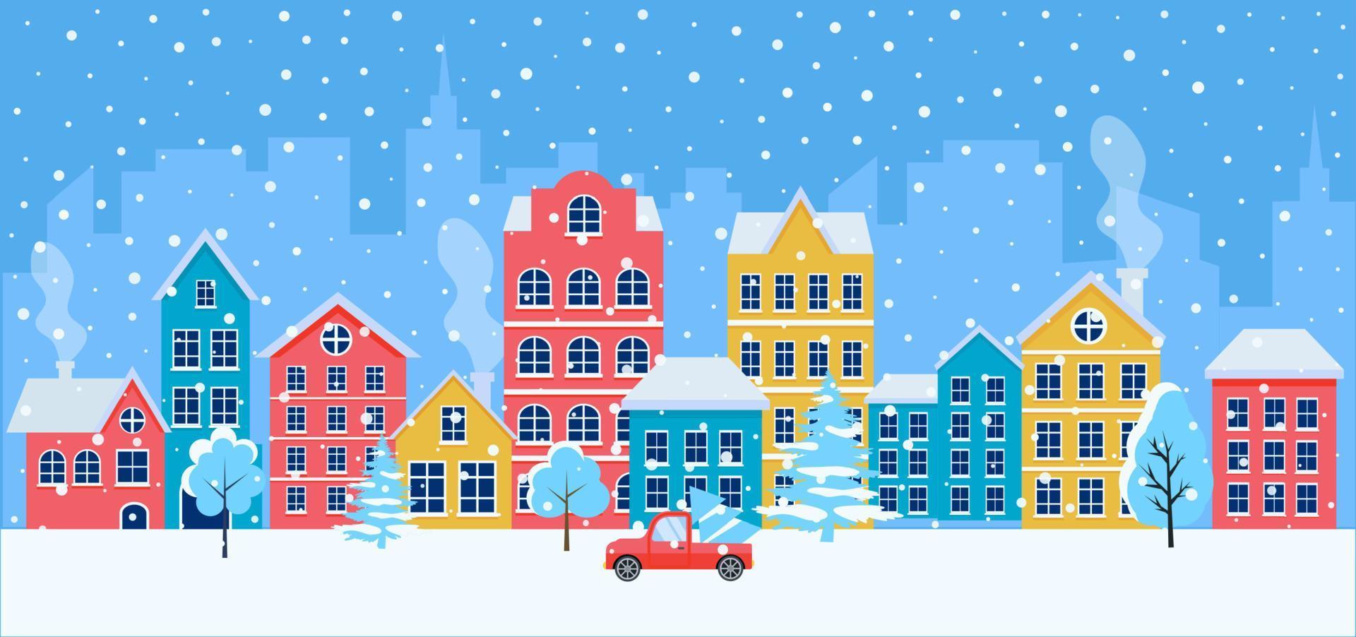 Christmas card with cityscape, snowfall car and Christmas trees. Christmas town. winter Christmas village. vector