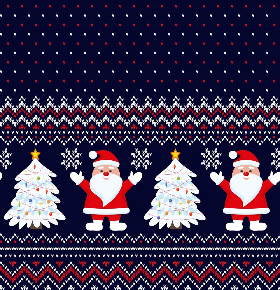 Knitted Christmas and New Year pattern into santa. Wool Knitting Sweater Design. Wallpaper wrapping paper textile print. vector