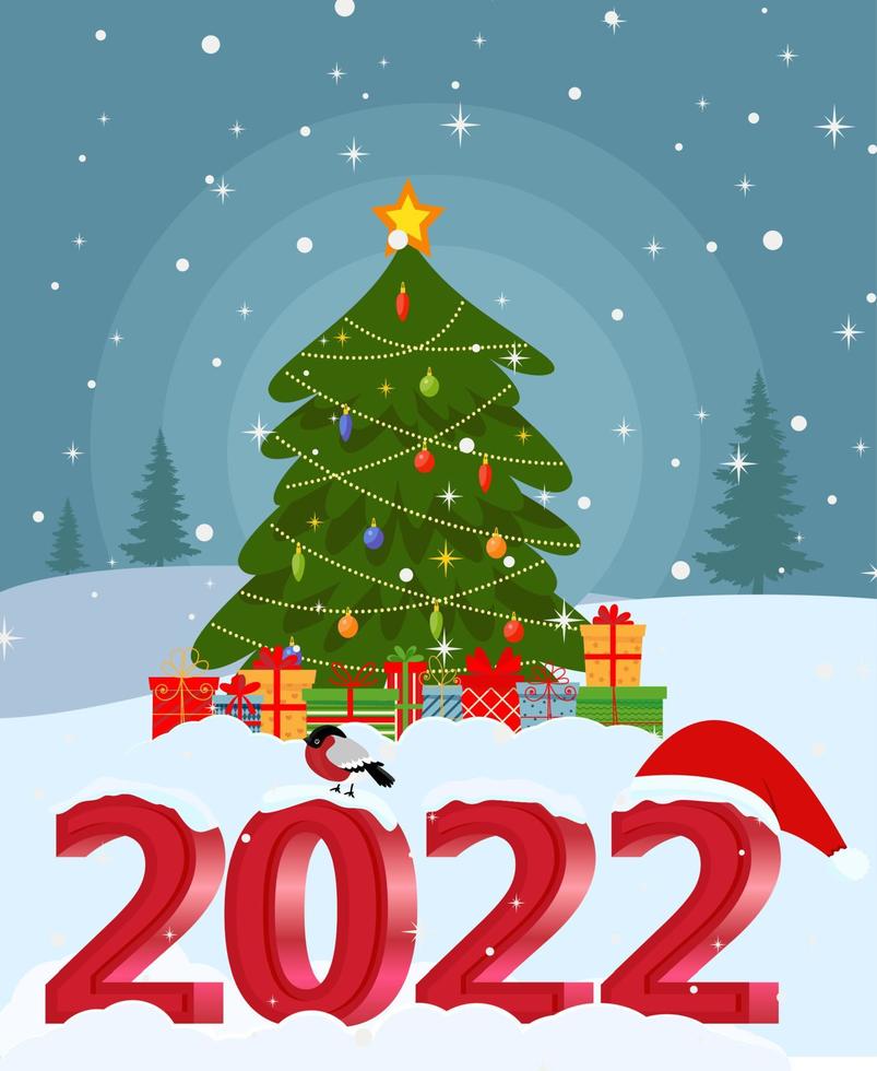 linda tarjeta de navidad y año nuevo con santa claus y letras 2022 vector