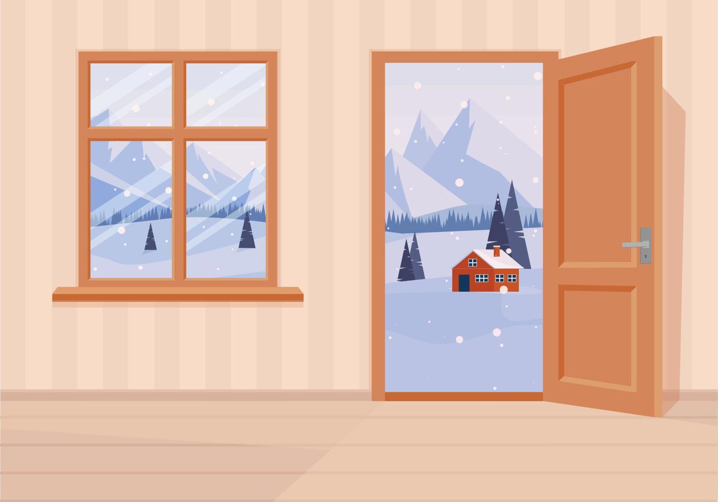 Window and doors into winter landscape. Flat cartoon style vector illustration.