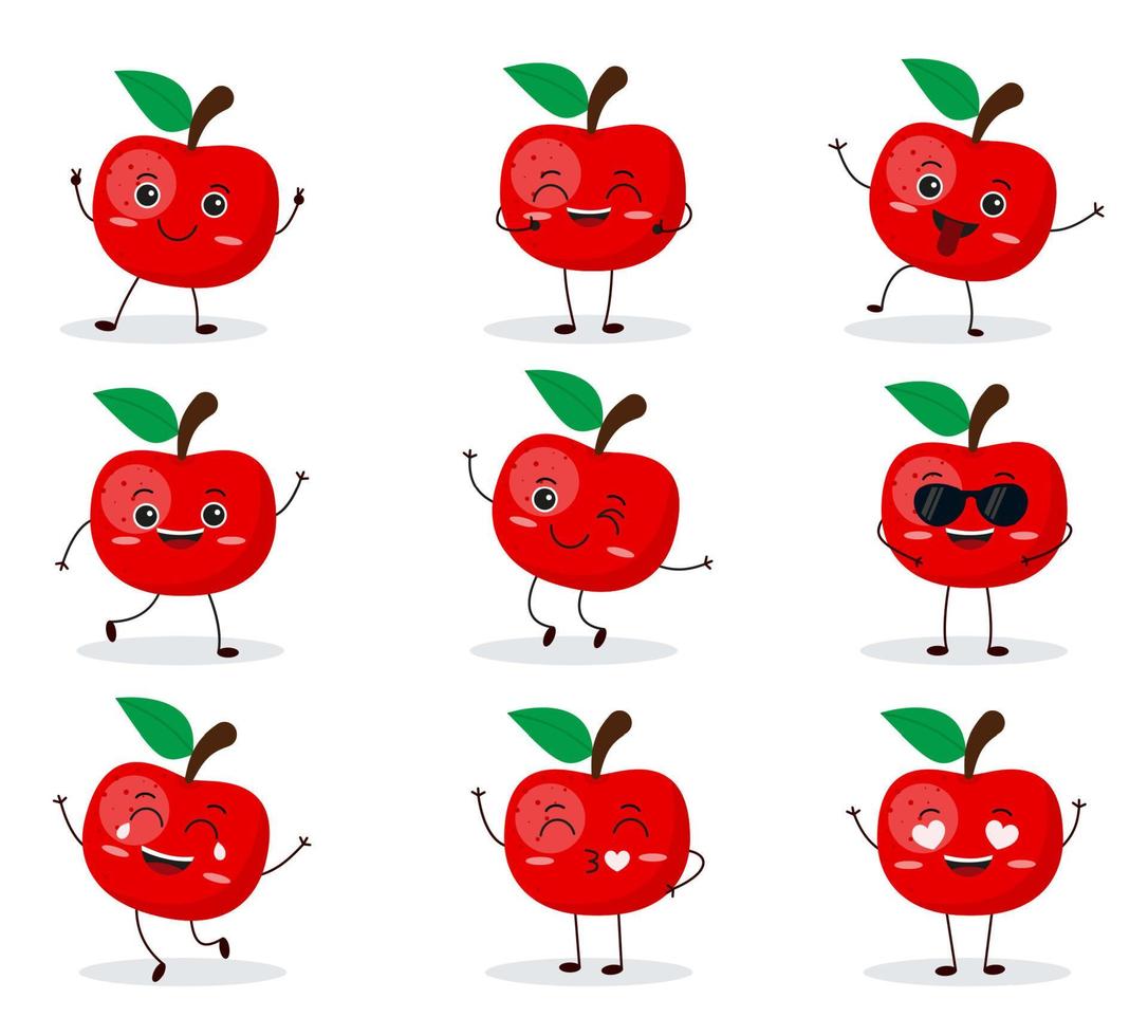 Cute happy apple character. Funny fruit emoticon in flat style. vector