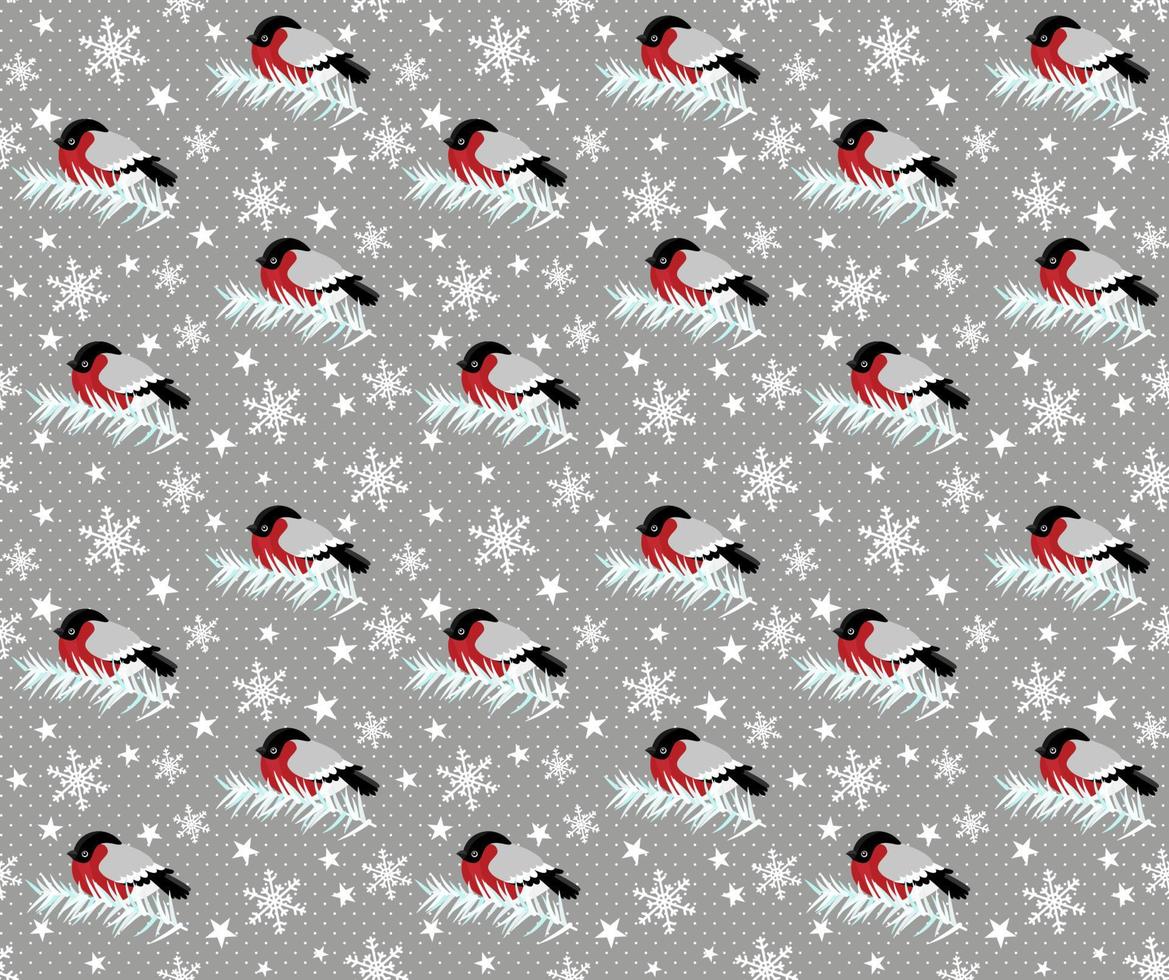 decoración de patrones sin fisuras de pájaro bullfinch rojo y copo de nieve vector