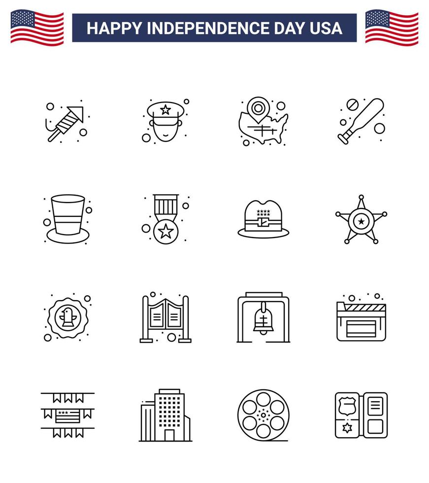 16 USA Line Signs Independence Day Celebration Symbols of hat american states hardball baseball Editable USA Day Vector Design Elements