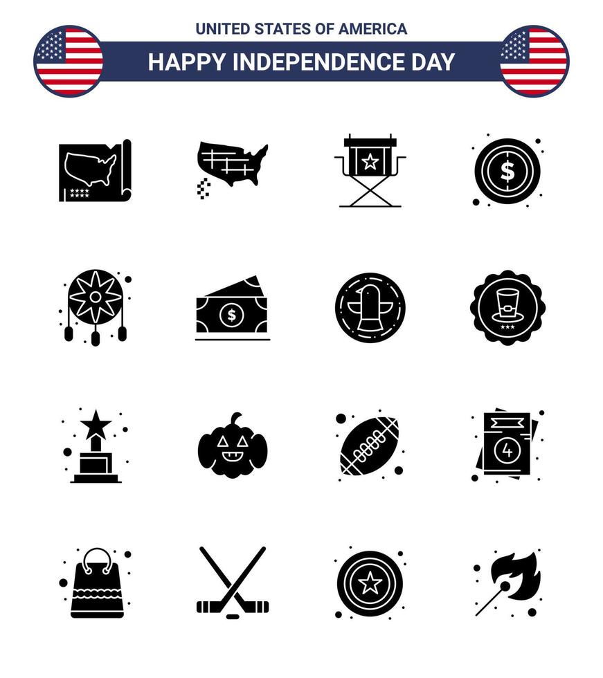 conjunto de 16 iconos del día de los ee.uu. símbolos americanos signos del día de la independencia para el dólar dream catcher decoración de la televisión signo elementos editables del diseño del vector del día de los ee.uu.