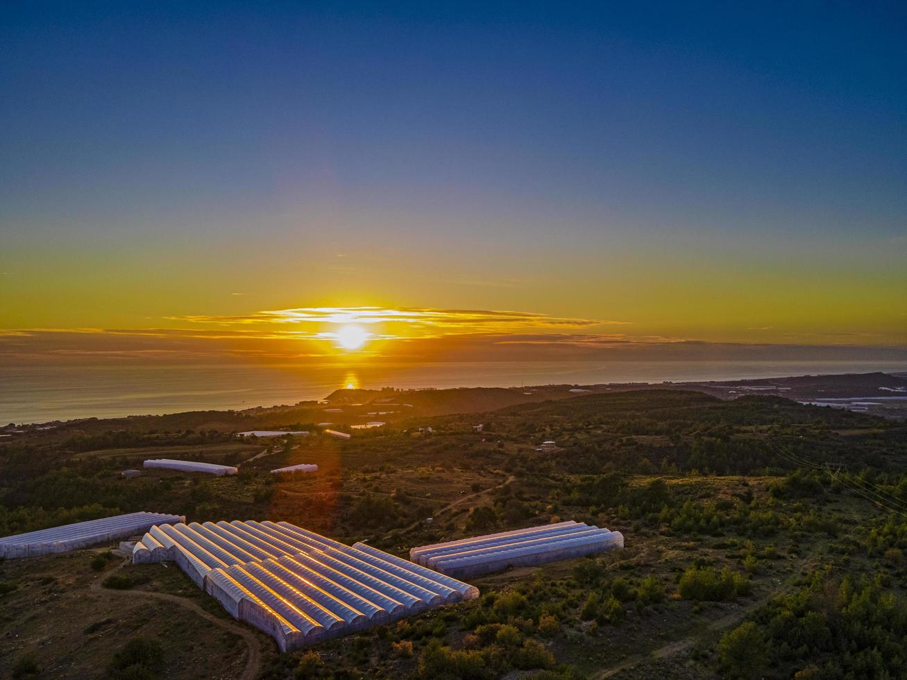 aerial view of sunset over farmland and sea photo