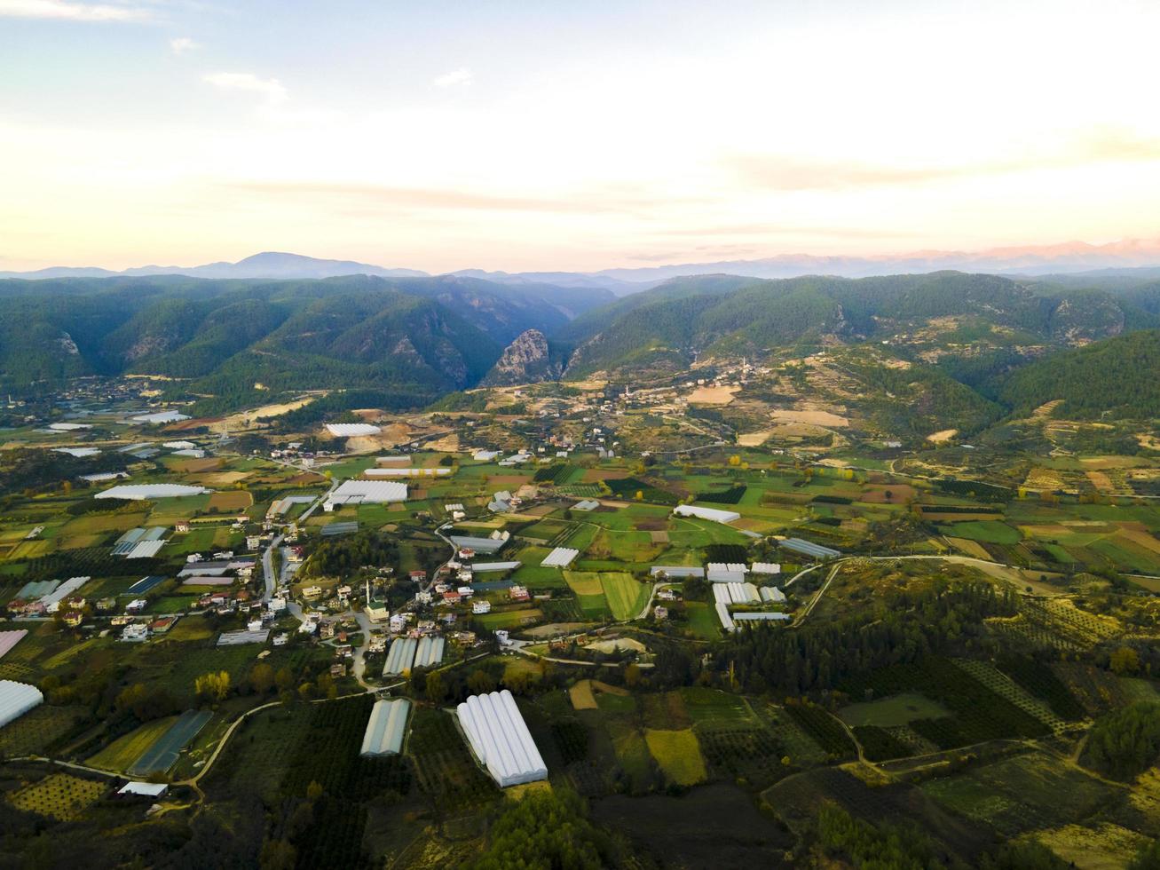 aerial view of farmland and small town photo