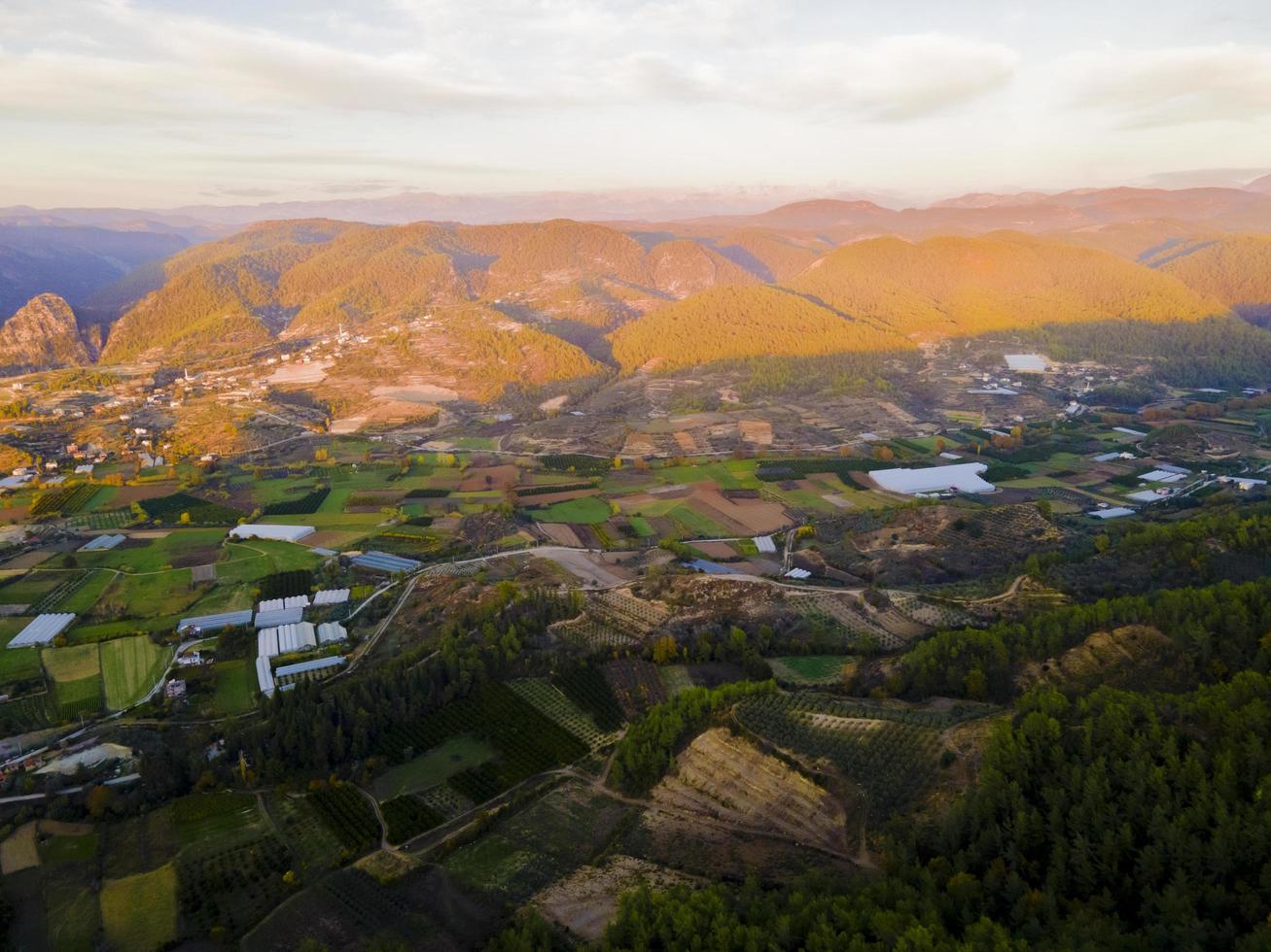 aerial view of farmland and small town photo