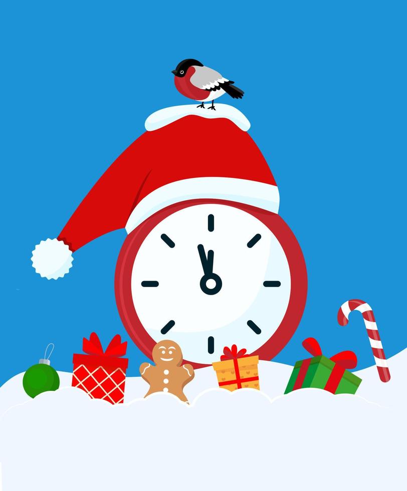 linda tarjeta de navidad y año nuevo con relojes, regalos y sombrero de santa claus vector