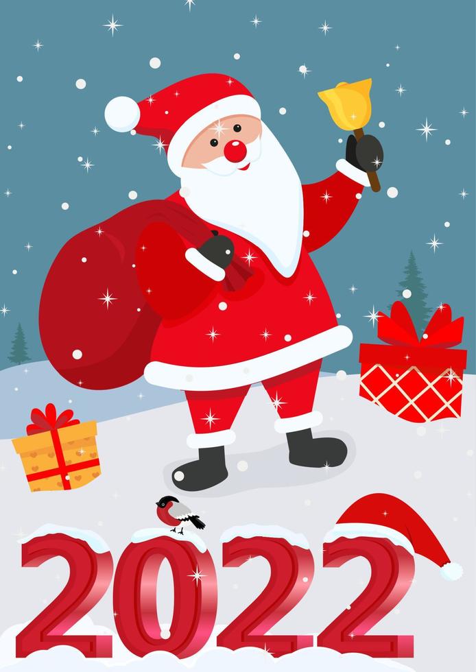 Cute Christmas and New Year card with santa claus and lettering 2022 vector