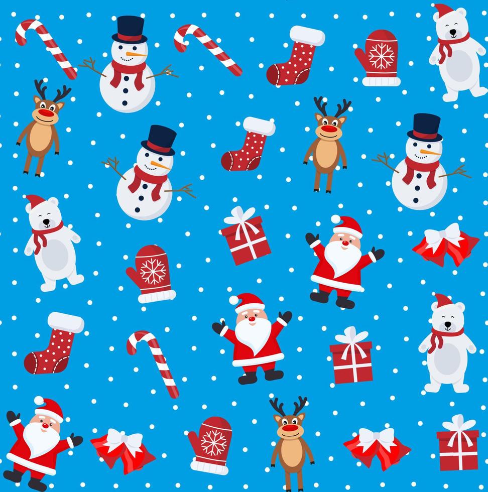 Christmas seamless pattern with snowman, reindeer and Santa Claus vector