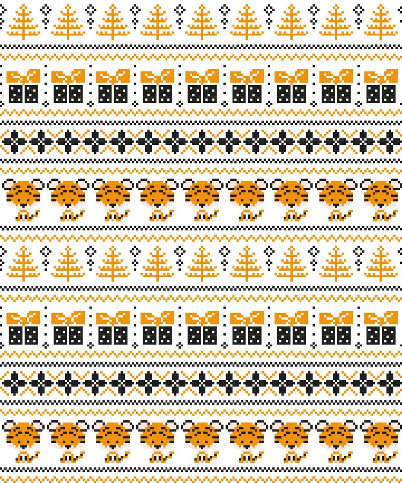 Knitted Christmas and New Year pattern in Tiger. Wool Knitting Sweater Design. Wallpaper wrapping paper textile print. vector