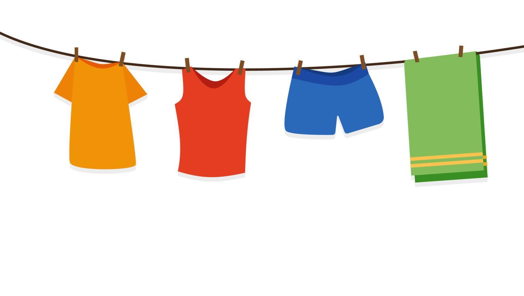 Clothes hanging from a wire to dry, Vector illustration in a flat style.