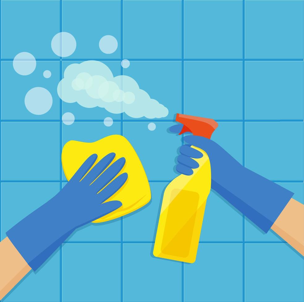 A gloved hand holds a bottle of antiseptic spray. Cleaning service. Vector illustration in flat style