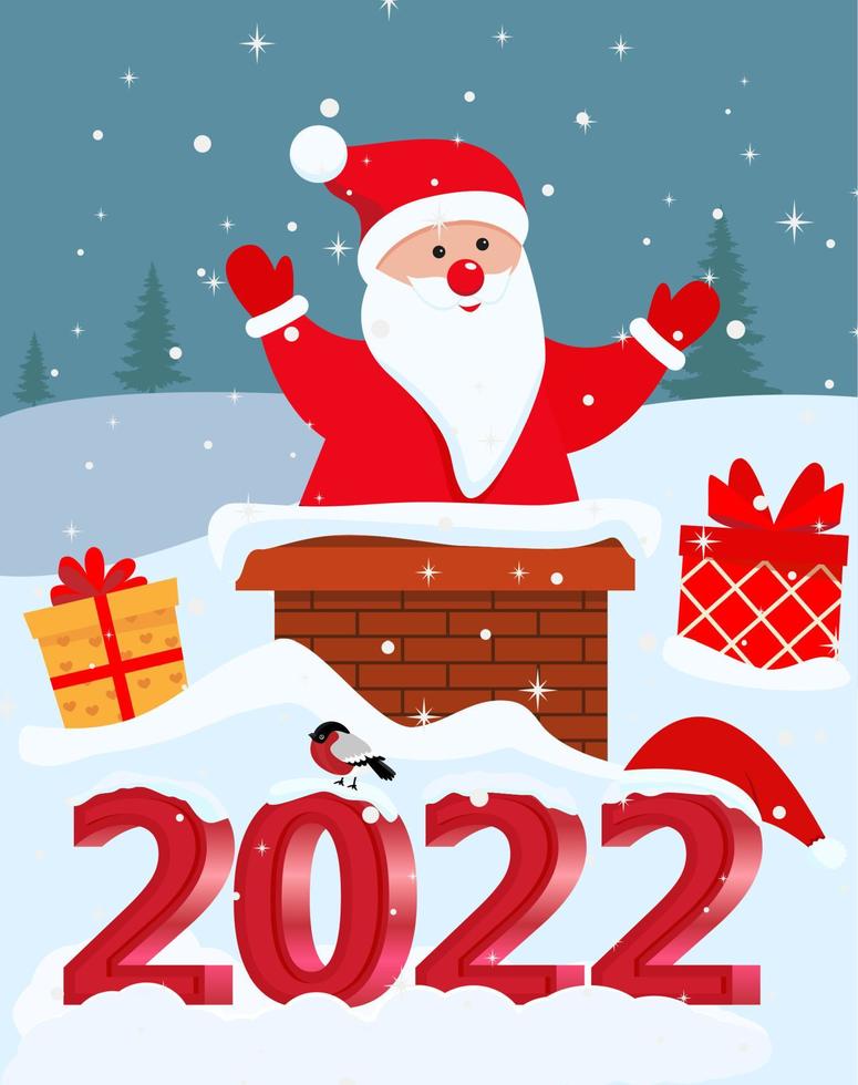 linda tarjeta de navidad y año nuevo con santa claus y letras 2022 vector