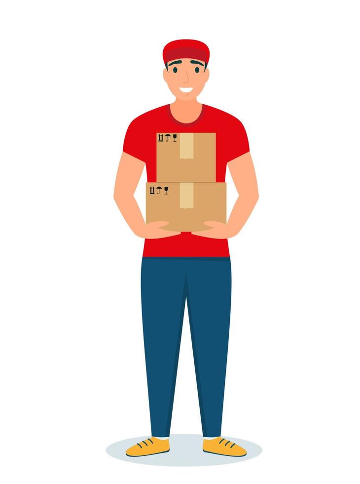 Delivery Man Stand And Holding A Goods Parcel. vector