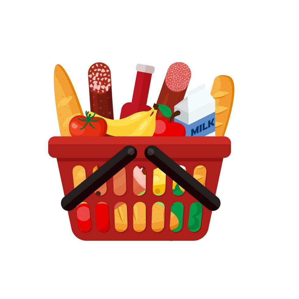 Plastic red basket supermarket and store container. Vector grocery basket realistic illustration isolated on white background.