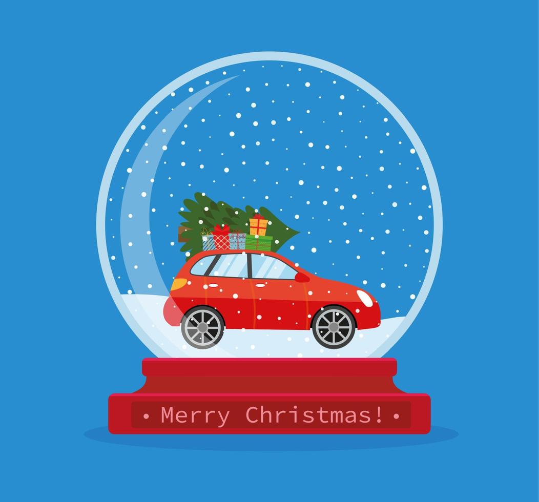 Christmas snow globe with car. Merry Christmas. Celebrating new year and christmas. Vector illustration in flat style