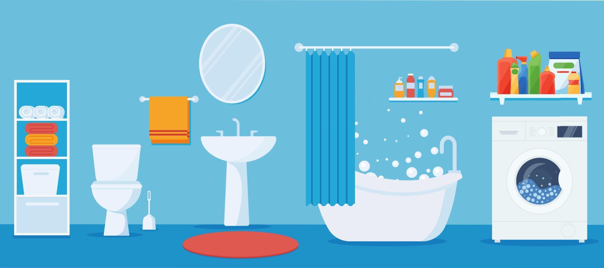 Modern interior of bathroom and toilet, and washing machine. Flat vector illustration Eps 10