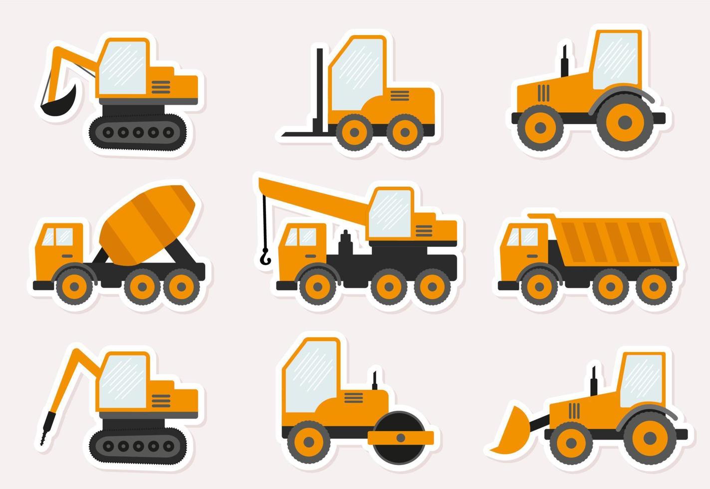 Set of cute vector stickers of construction machinery. Flat style.